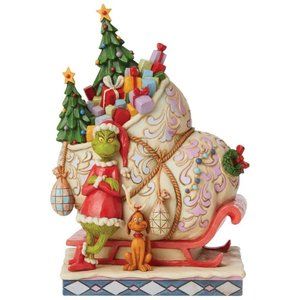 Jim Shore Dr. Seuss The Grinch and Max Standing by Sleigh Figurine, 8.46", NIB
